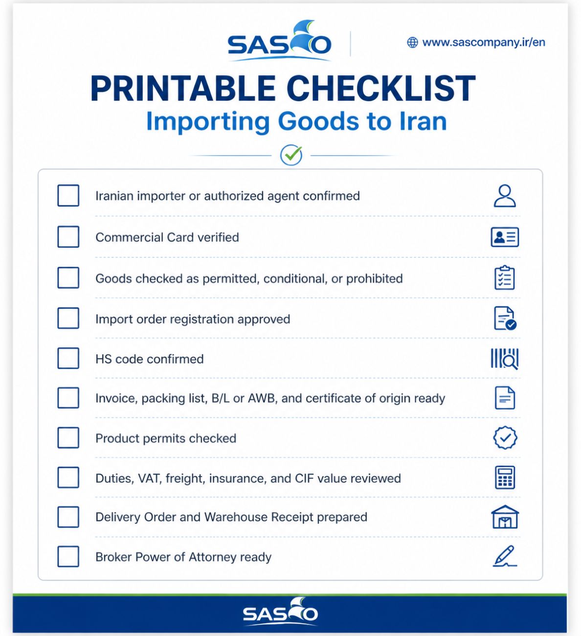 Printable Importing Goods to Iran Checklist SASCO